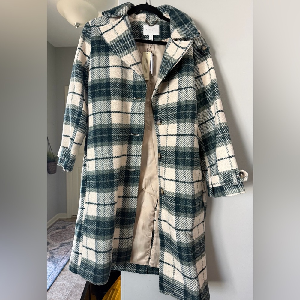 Banana Republic Green and Cream Plaid Trench Coat